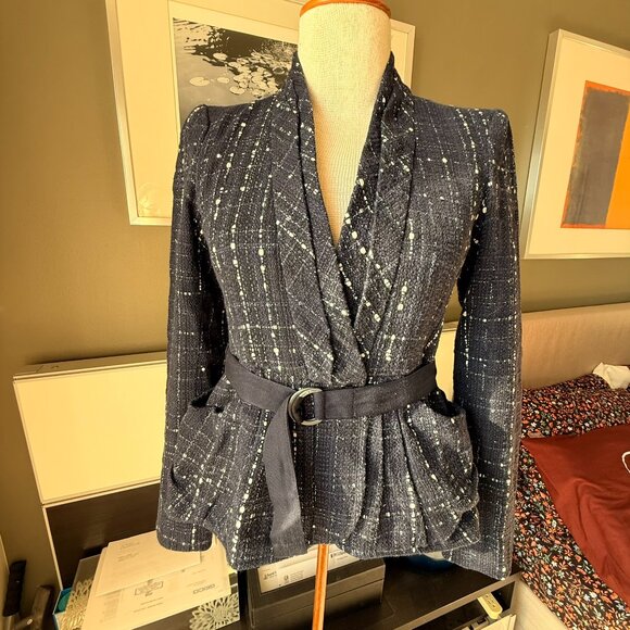 Nanette Lepore Maddalena Tweed Navy Blue Blazer Belted Mermaid Asymmetric Sz 0 - Picture 11 of 12